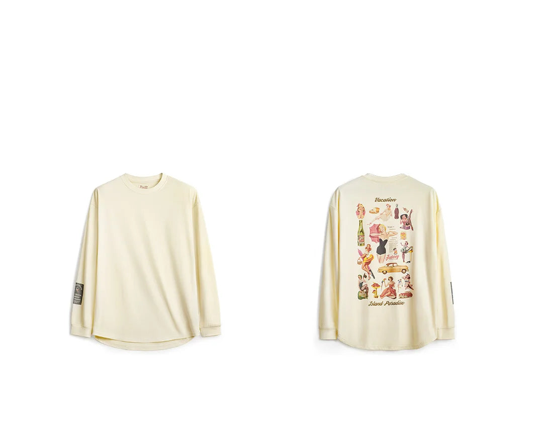 Maden Vintage Back-Printed Long-Sleeve T-Shirt Loose Casual Round-Neck Pullover for Men's Spring and Fall 60's Street-Style Tops
