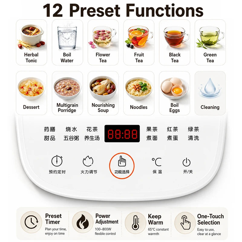 220V Jiuyang Health Pot Multi-Functional Flower Teapot Glass Stew Tea Pot 1.5L Portable Mini Multi Cooker Tea Dessert Cooker