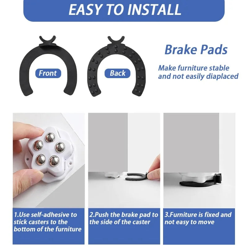 4Pcs Brake-operated Self Adhesive Caster,Heavy Duty 5 Beads Load-bearing,Universal 360° Rotating Wheel,No Noise Furniture Pulley