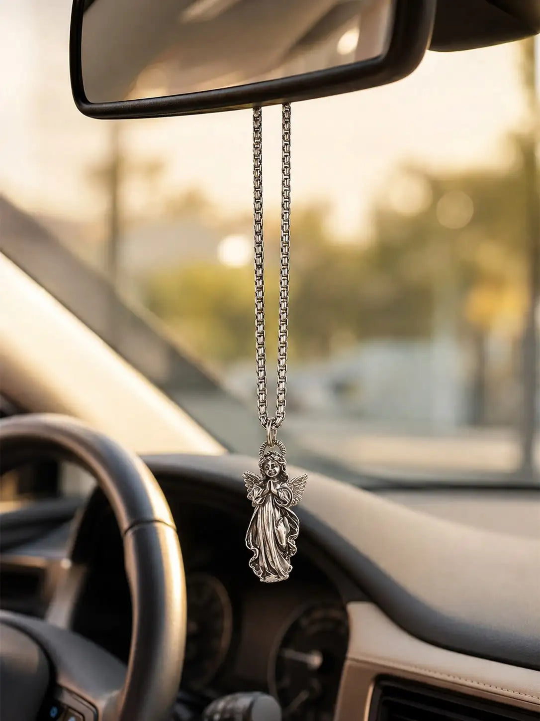 Angel Pendant Car Rearview Mirror Hanging Ornament, Silver-Tone Religious Guardian Angel Charm with Chain, Universal Fit for Aut