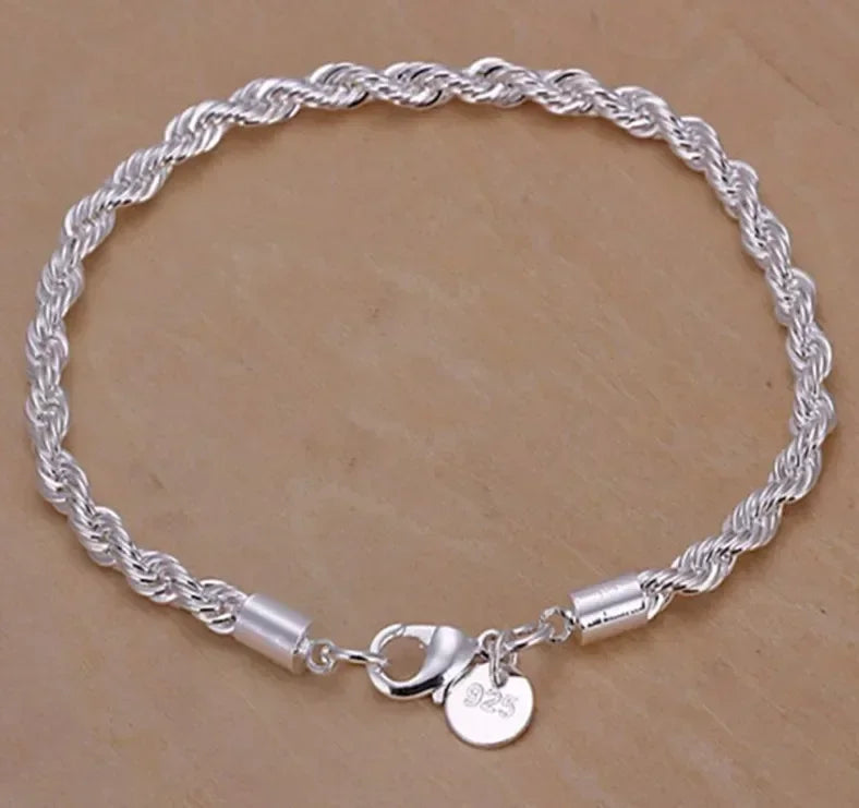 925 Sterling Silver 4MM Twisted Rope Bracelets For Women Men Fashion Minimalist Couple Chain Bracelet Male Unisex Jewelry Gifts