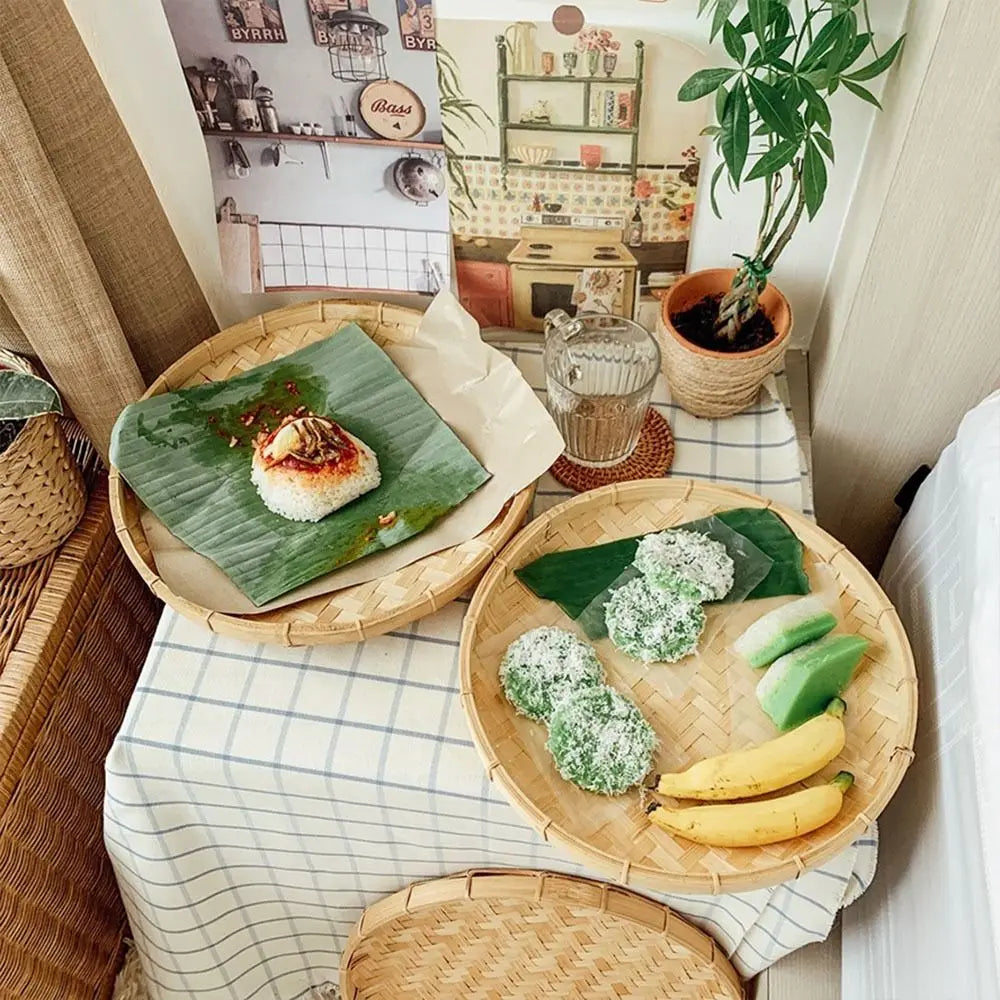 4 Size Hand-woven Bamboo Sieve Hand-painted Bamboo Raft Round Dustpan DIY Decorative Fruit Bread Basket Kitchen Storage Tray
