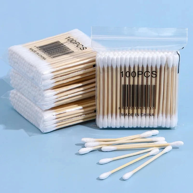 Cotton Swab Storage Box Double Head Wood Baby Cotton Swabs Transparent Square Bamboo Cover Cotton Buds Toothpick Organizer