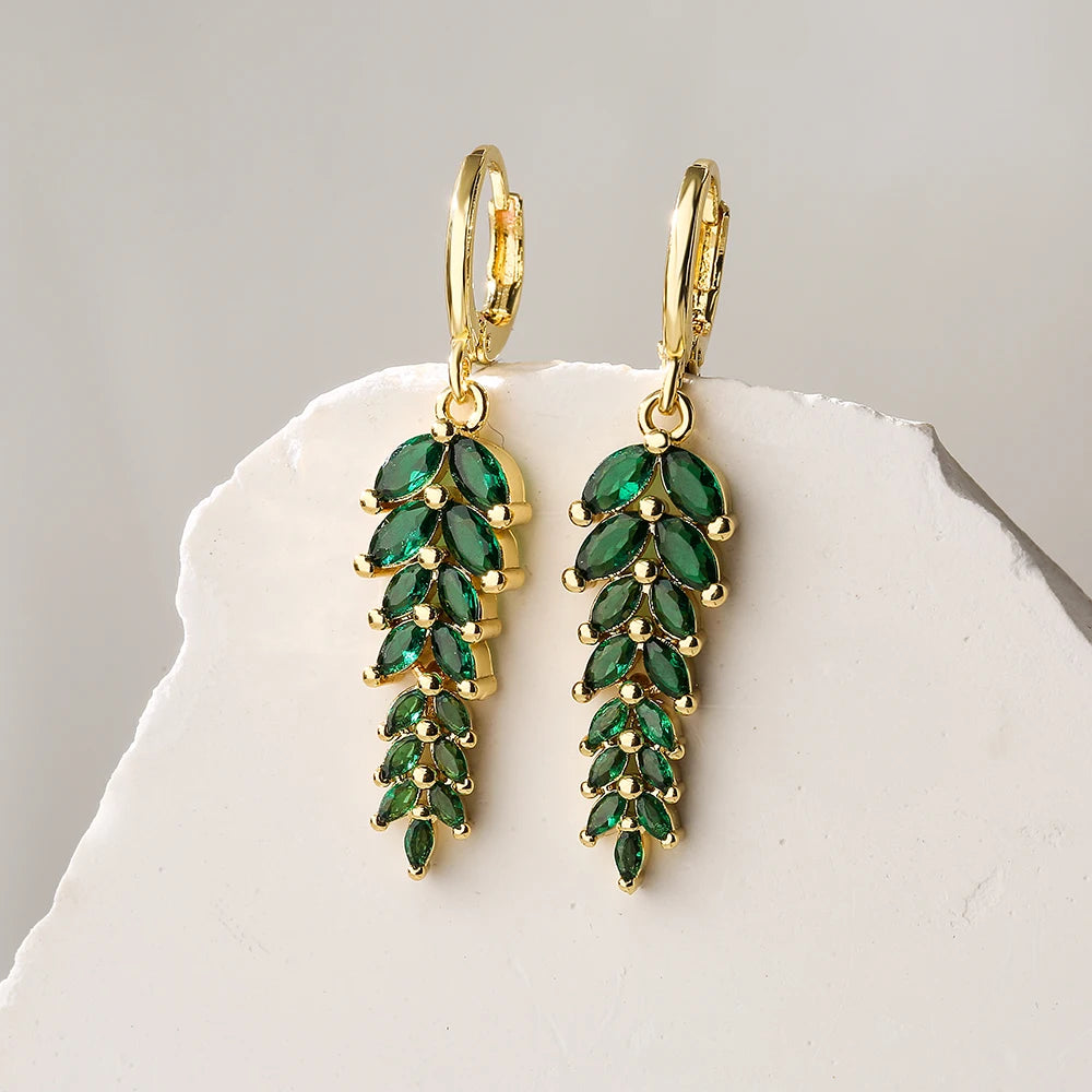 NEWBUY White/Green/Mix Colors Crystal AAA CZ Leaf Earrings For Elegant Women Gold Color Copper Wedding Jewelry Femme Bijoux