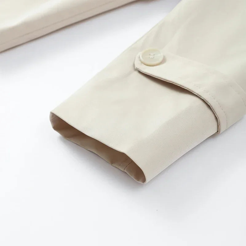 Solid Belted Waist Short Trench Coat Women Chic Wide Lapel Epaulet Detail Loose Long Sleeve Coats Fall Daily Commuter Outerwear