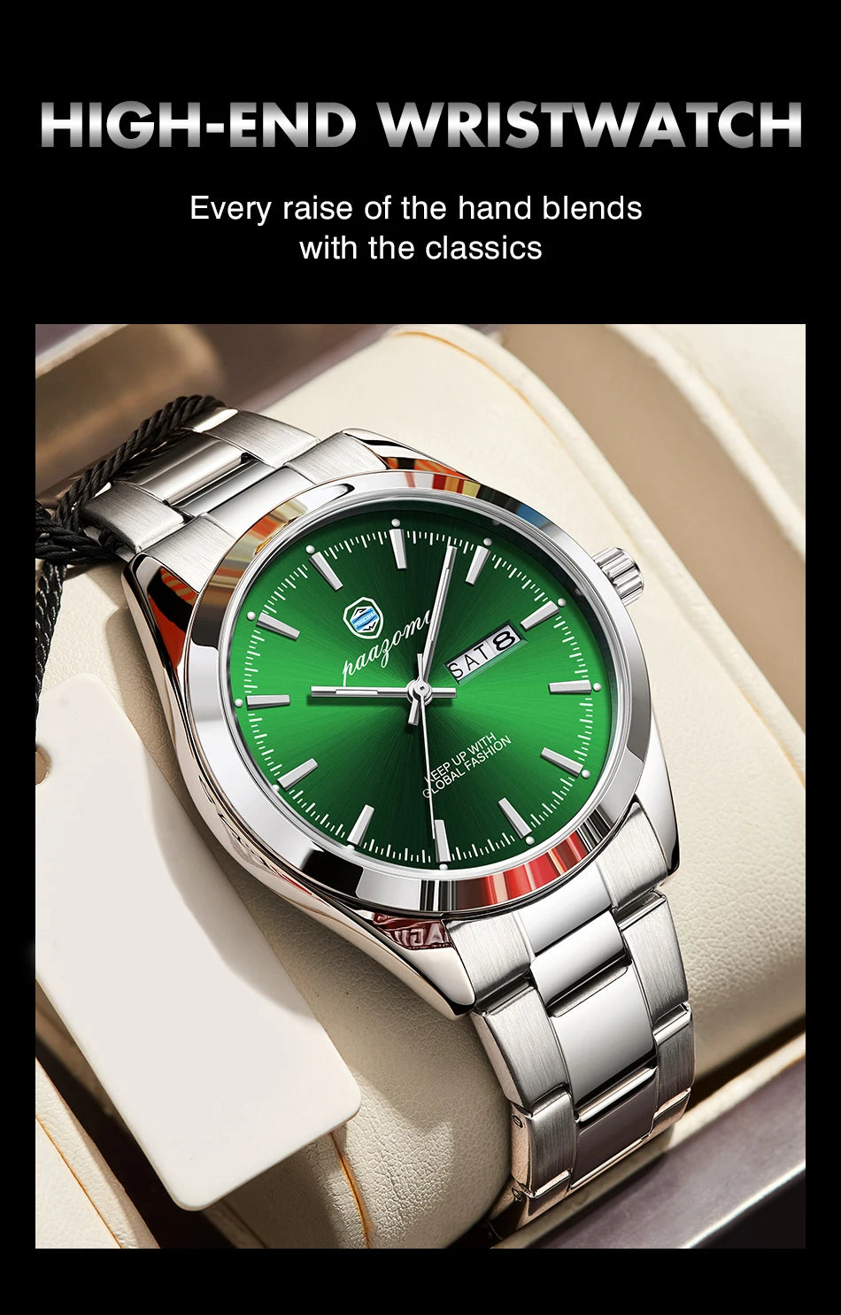 PAAZOMU Fashion Men's Quartz Watch Luminous Hands Date Week Stainless Steel Strap Waterproof Casual Wristwatch Quartz Men Watch