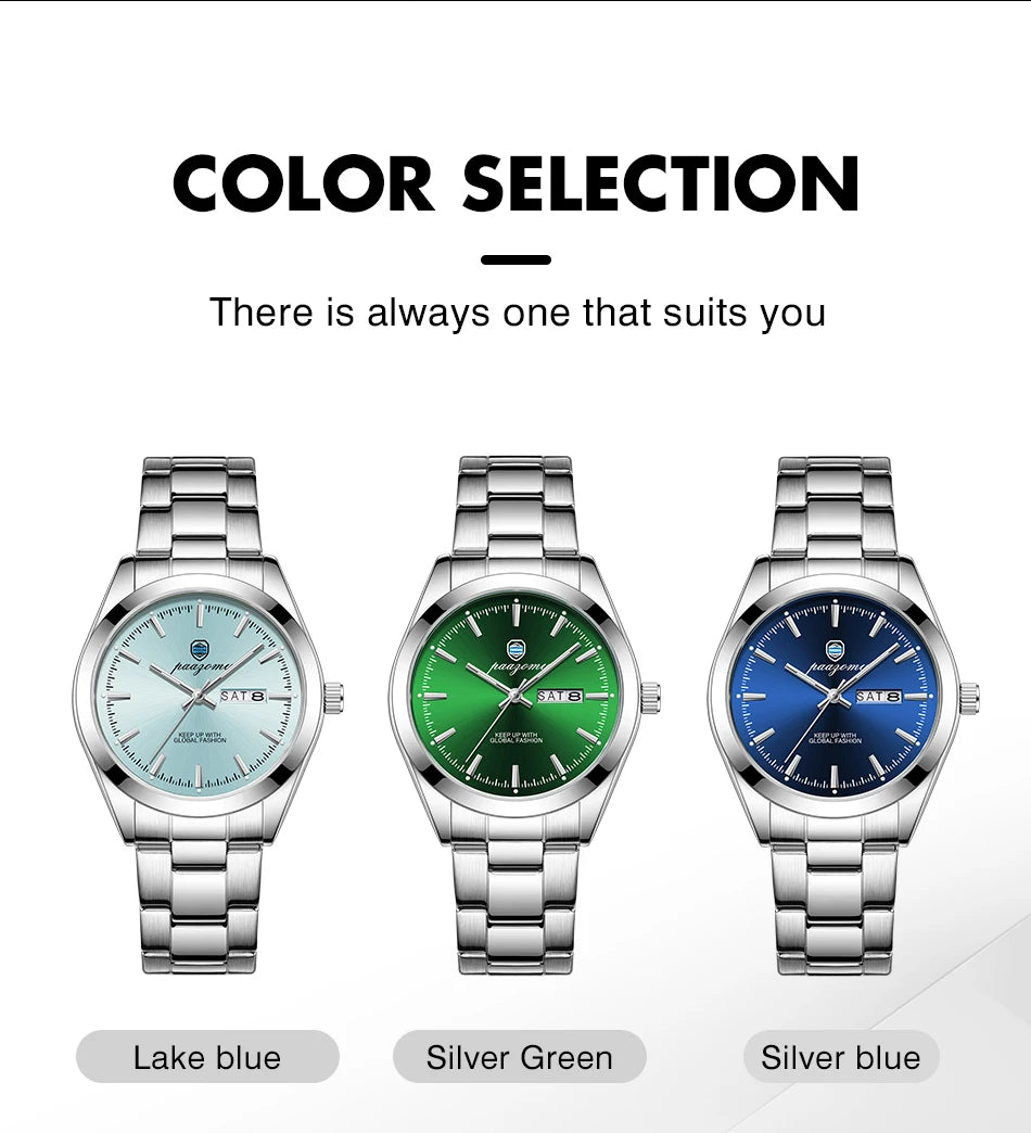 PAAZOMU Fashion Men's Quartz Watch Luminous Hands Date Week Stainless Steel Strap Waterproof Casual Wristwatch Quartz Men Watch