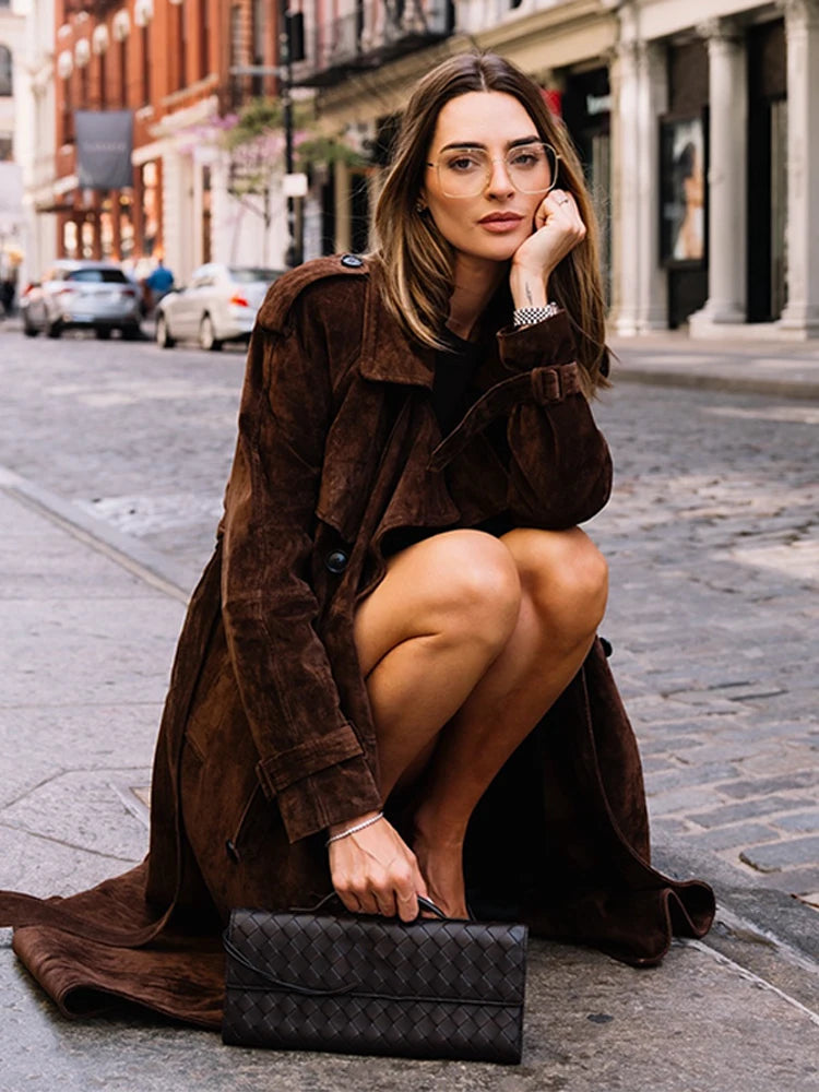 Women's Vintage Brown Suede Trench Coat Long Belted Overcoat Retro Windbreaker Fashion Female Date Commuter Streetwear Outerwear