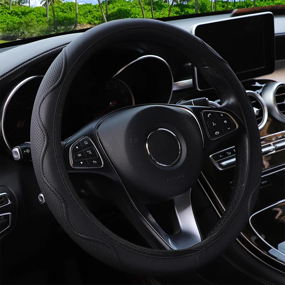 Women's PU Leather Corrugated Steering Wheel Cover 37-38cm Rimless Comfortable Car Accessory for All Seasons
