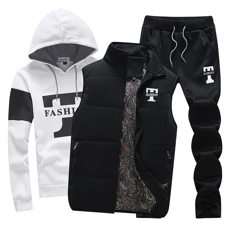 3 Pieces Set Hoodies+Vest+Pants Casual Men's Track Suit Clothing Coats Winter Thick Warm Tracksuit for Men Printed Mens Set Vest