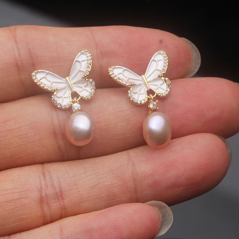 Bridal Natural Freshwater White Pearl Earrings Woman,Butterflyer Silver 925 Pearl Earring Wife Anniversary Gift  Black Wholesale