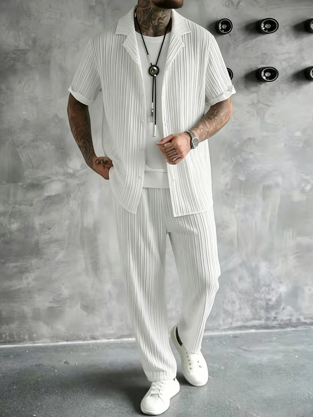 Men's Vertical Striped Texture Cuban Collar Two-Piece Set: Short-Sleeve Button-Up Shirt + Elastic Waist Straight-Leg Pants, Casual Vacation Style Summer Daily Outfit for Men