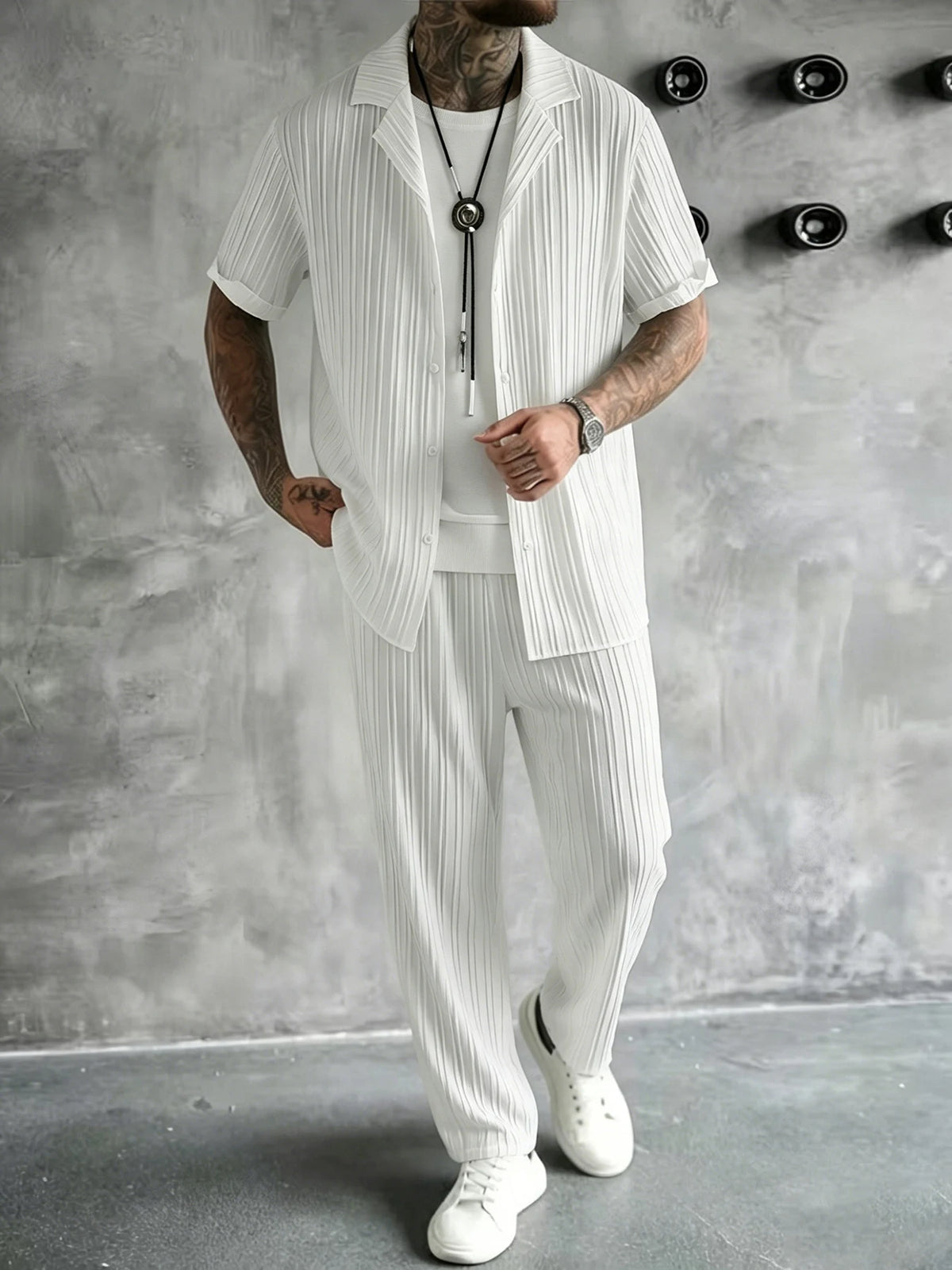 Men's Vertical Striped Texture Cuban Collar Two-Piece Set: Short-Sleeve Button-Up Shirt + Elastic Waist Straight-Leg Pants, Casual Vacation Style Summer Daily Outfit for Men