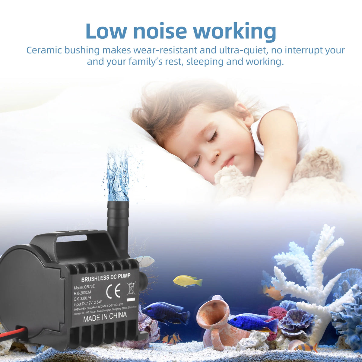 Submersible 12V Water Pump Electric 330L/H Small Fountain Pump with Max 6.5ft Lift, 1.6ft Wire and Suction Cup Base, Portable