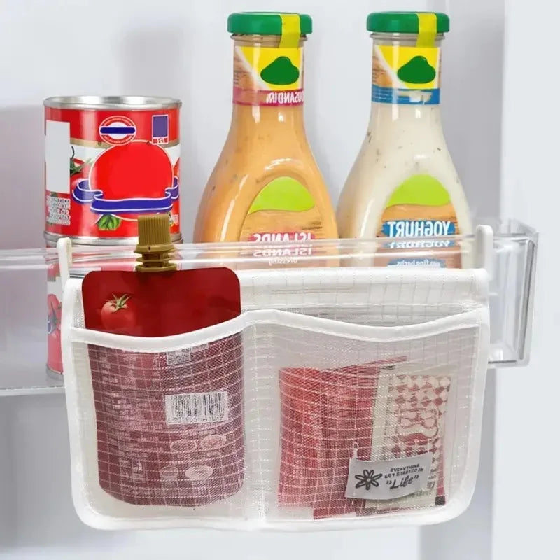 1PC Refrigerator Hanging Mesh Bag Double Compartment Storage Bag Fridge Side Door Organizer for Sauce Packet Kitchen Storage