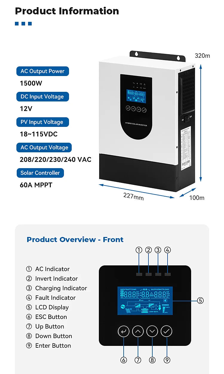 1.5KW 12V Off Grid Hybrid Solar Inverter Single Phase 60Hz Automatic AC String Inverter Household Solar Energy Conversion