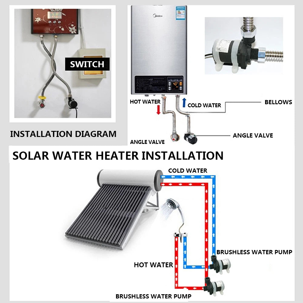 Silent 4 Points Threaded Water Heater Shower Floor Heating Booster Pump Brushless Solar Motor Water Pump DC 12V 24V IP68 US Plug