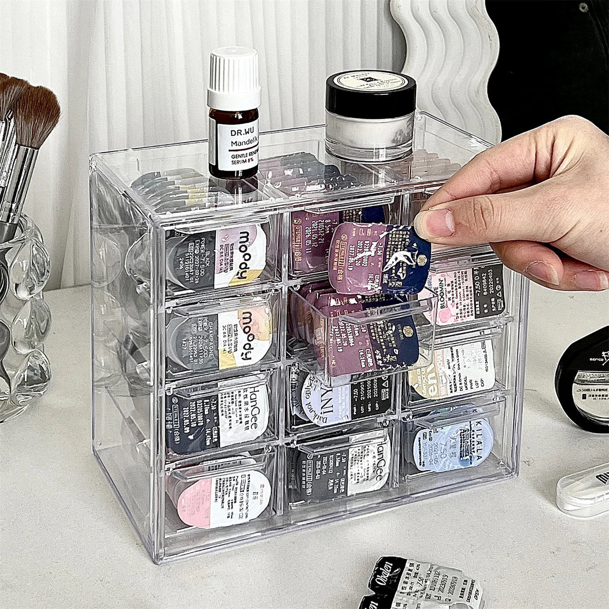 Daily disposable beauty contact lens storage box, 12-grid desktop jewelry invisible glasses multi-pair transparent organizer box