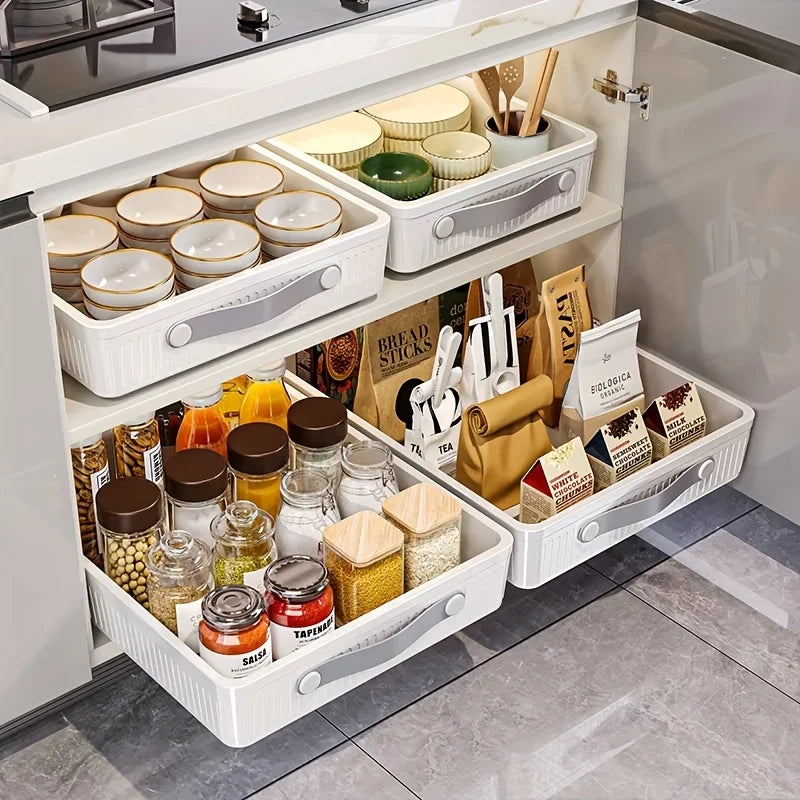 1 PC Kitchen Cabinet Drawer Storage Boxes with Slide Rails Pull-out Kitchen Storage Tray Spice Box Shelf Cabinets Organizer