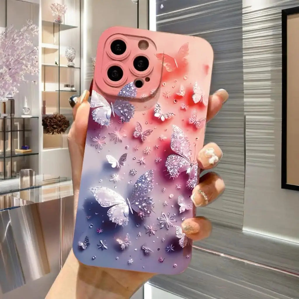Butterfly & Floral Design Shockproof Phone Case for iPhone 7 8 16 15 16E XR XS X Plus 16 15 14 12 13 11 Pro Max SE2 Matte Cover