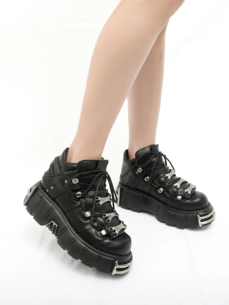 New Brand Punk Style Women Shoes Lace-up heel height 6CM Platform Shoes Woman Rock Boots Metal Decor Woman Sneakers