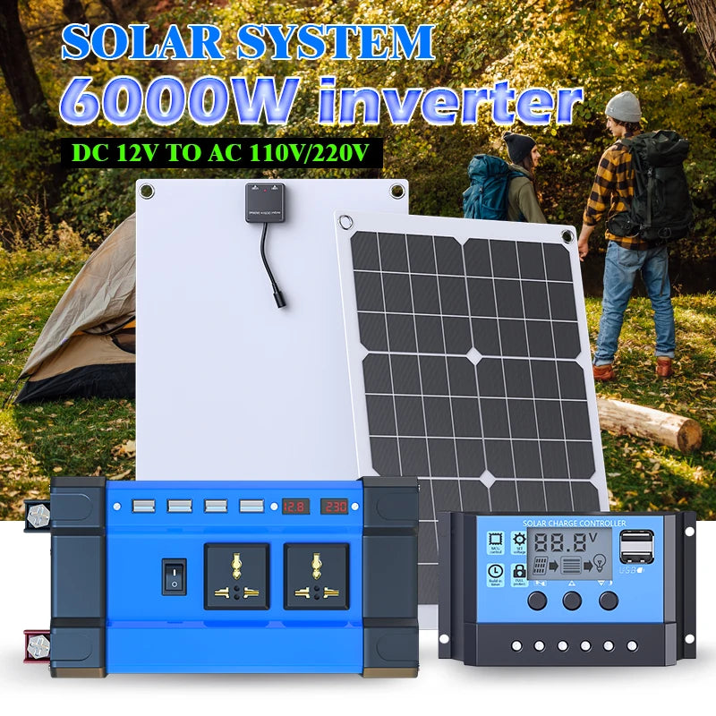 6000W Complete Solar Power Kit 12V to 110V/220V Off-Grid System 100A Controller Solar Panel Inverter for Home, Camping, Backup
