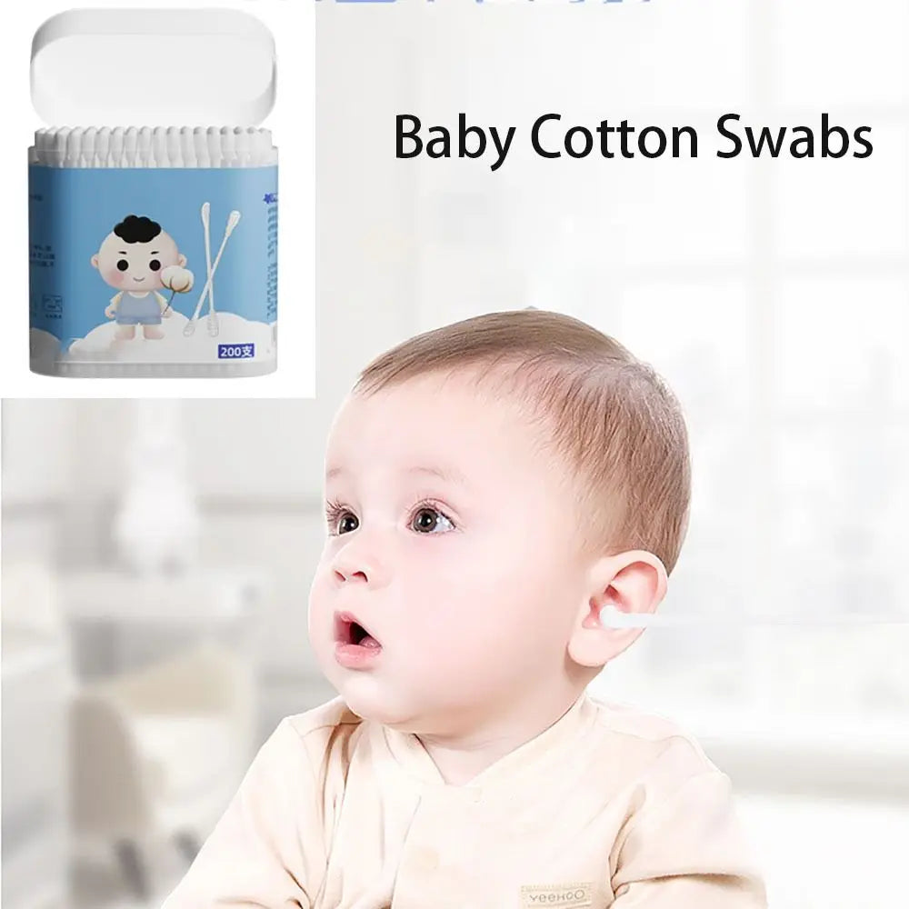 200 pcs Dual Tips Baby Cotton Swab Soft Degreasing Cotton Extra Thin Stem Sterile Cotton Buds Ear Wax Spoon Young Children