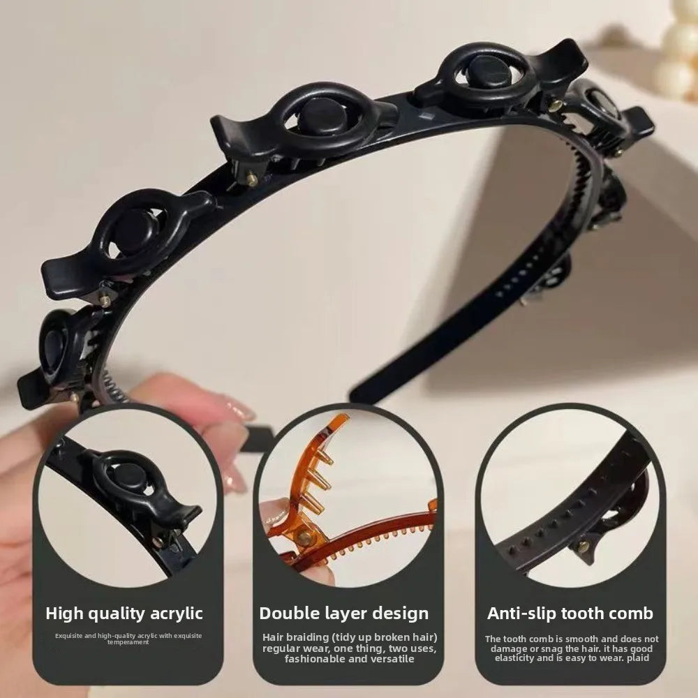 Adjustable Headband with Clips Double Bangs Hoop Design Multi Layer Toothed Braid Tool with 8 Clips Hair Styling Accessories