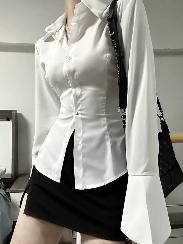 Sexy Slim Flared Sleeve Women's Shirt Solid Lapel Single-breasted Back Bandage Tunic Female Blouses Spring Trend New Lady