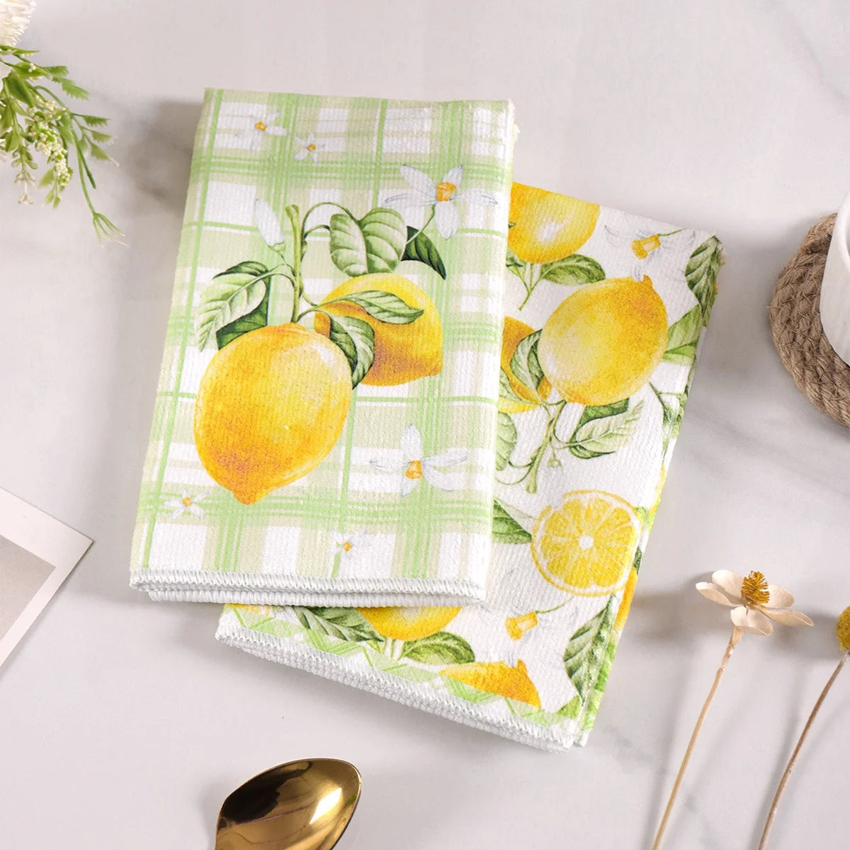 2pcs Italy Lemon Hand Towels Lemon Themed Dish Towels Polyester Bathroom Decorative Rustic Cloths Tea Towels for Kitchen
