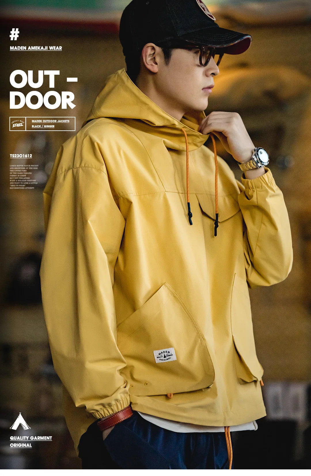Maden Casual Outdoor Multi-pocket Hooded Men's Jackets Spring Fall Loose Windbreak Parka Ginger Climbing Outerwear Track Jacket