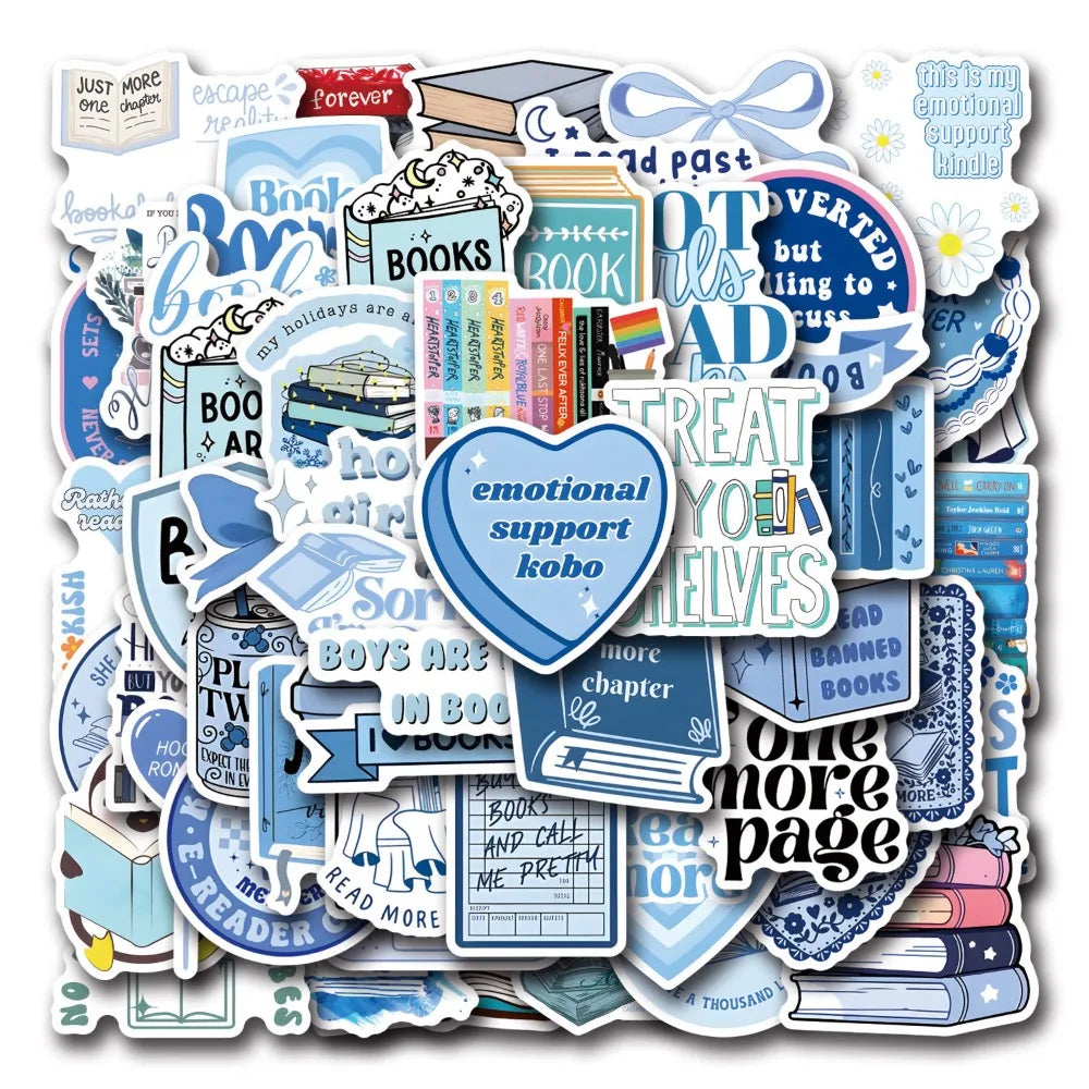 10/55Pcs Blue Bookish Reading Book Aesthetic Stickers for Students Stationery DIY Phone Luggage Laptop Notebook Graffiti Decals