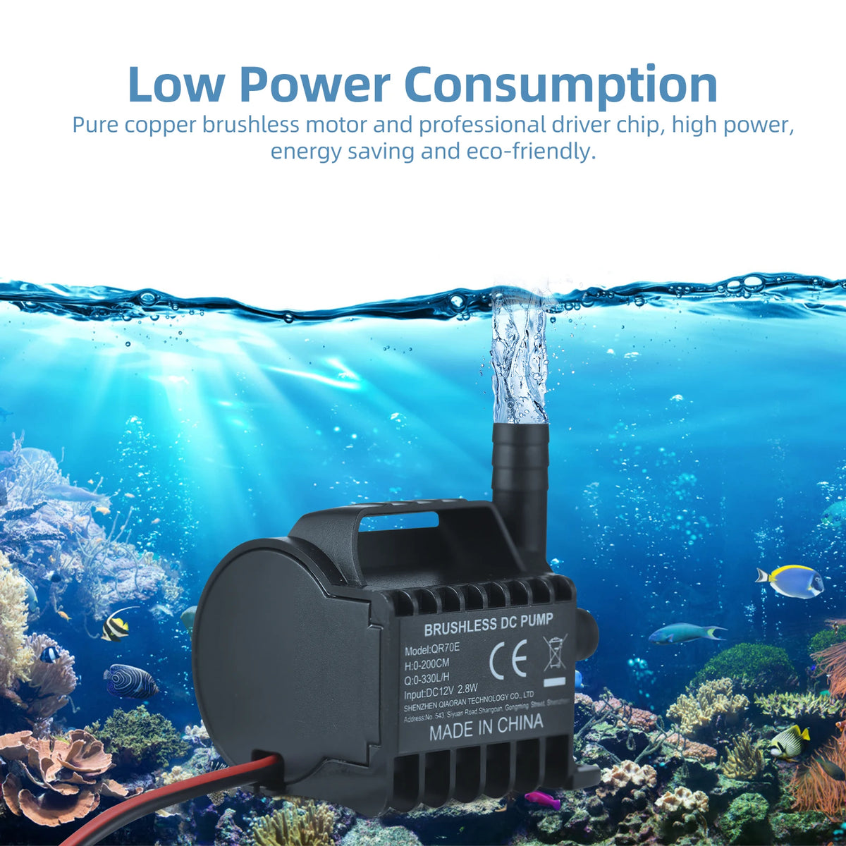 Submersible 12V Water Pump Electric 330L/H Small Fountain Pump with Max 6.5ft Lift, 1.6ft Wire and Suction Cup Base, Portable