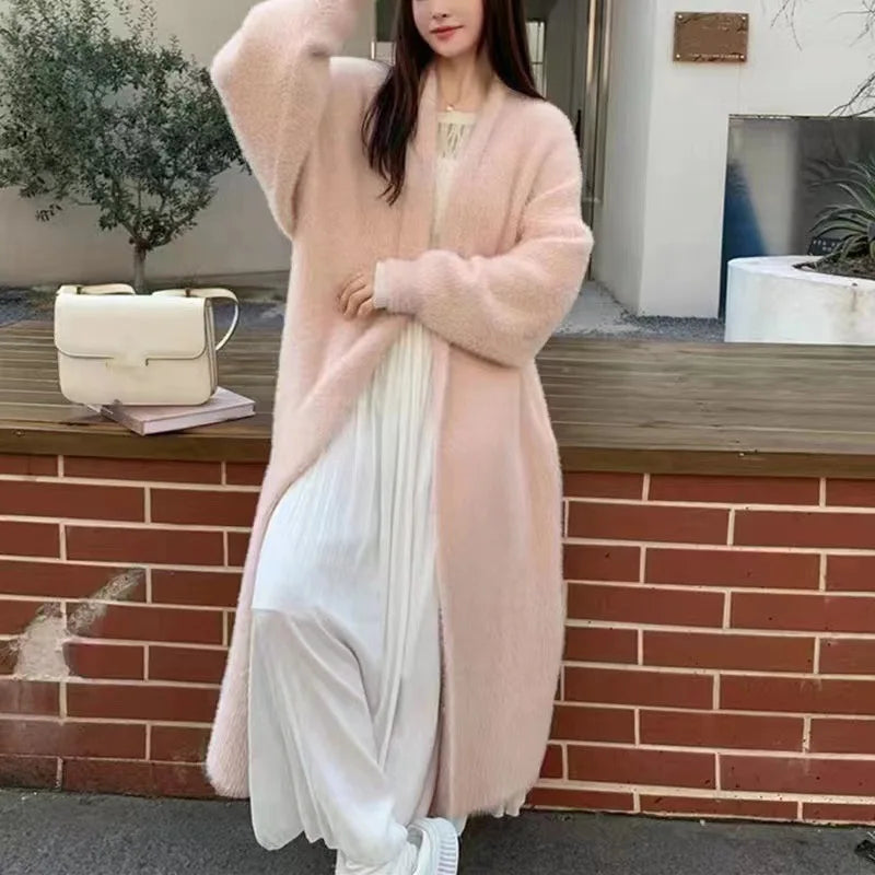 Autumn and winter loose and lazy style open knit coat, thick knee length imitation mink fur long sleeved sweater, warm jacket