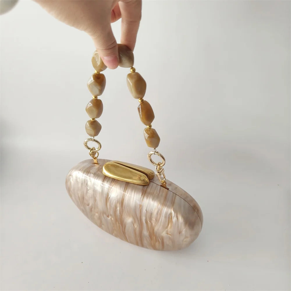 Lady Pearl Marble Brown Shell Egg Acrylic Box Clutch Purse Women Evening Purses Wedding Handbags Female Shoulder Bags Day Clutch