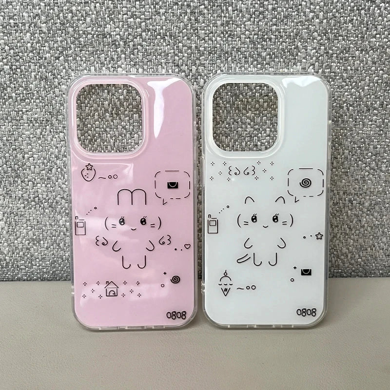 Ins Korean Cute Line Rabbit Cat Lovely Graffiti Phone Case For iPhone 17 AIR 16 15 14 13 12 11 Pro MAX 16 PLUS Y2K Kawaii Cover