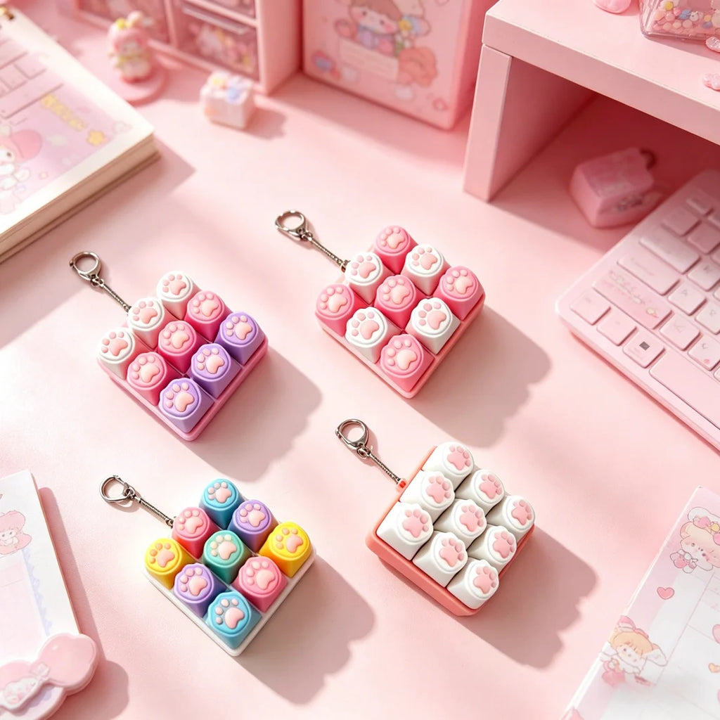 Clicky Keycap Clicker Keychain 9‑Buttons Cat Paw Keyboard Fidget Toys for Adults For Office Work School Stress Relief Anxiety