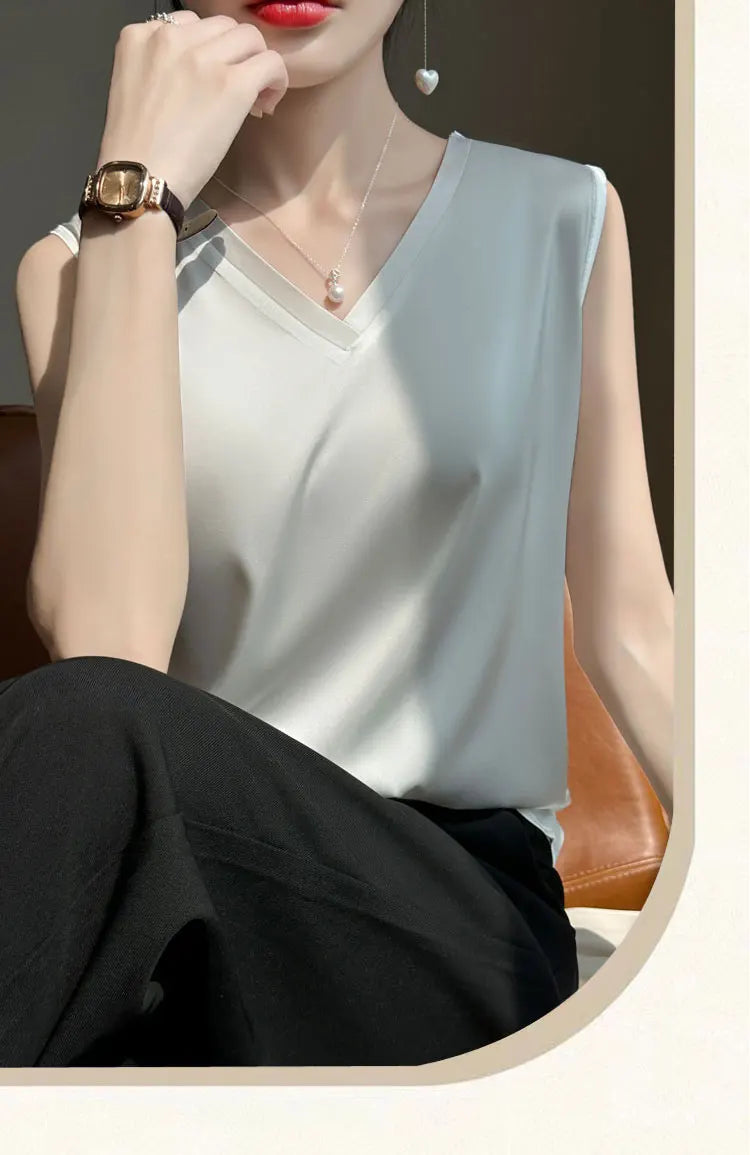 V-Neck Silk Vest Women's Summer Short Sleeved Top Acetate Satin Sleeveless Summer Shirt T-Shirt Loose Suspender Base YTM A39