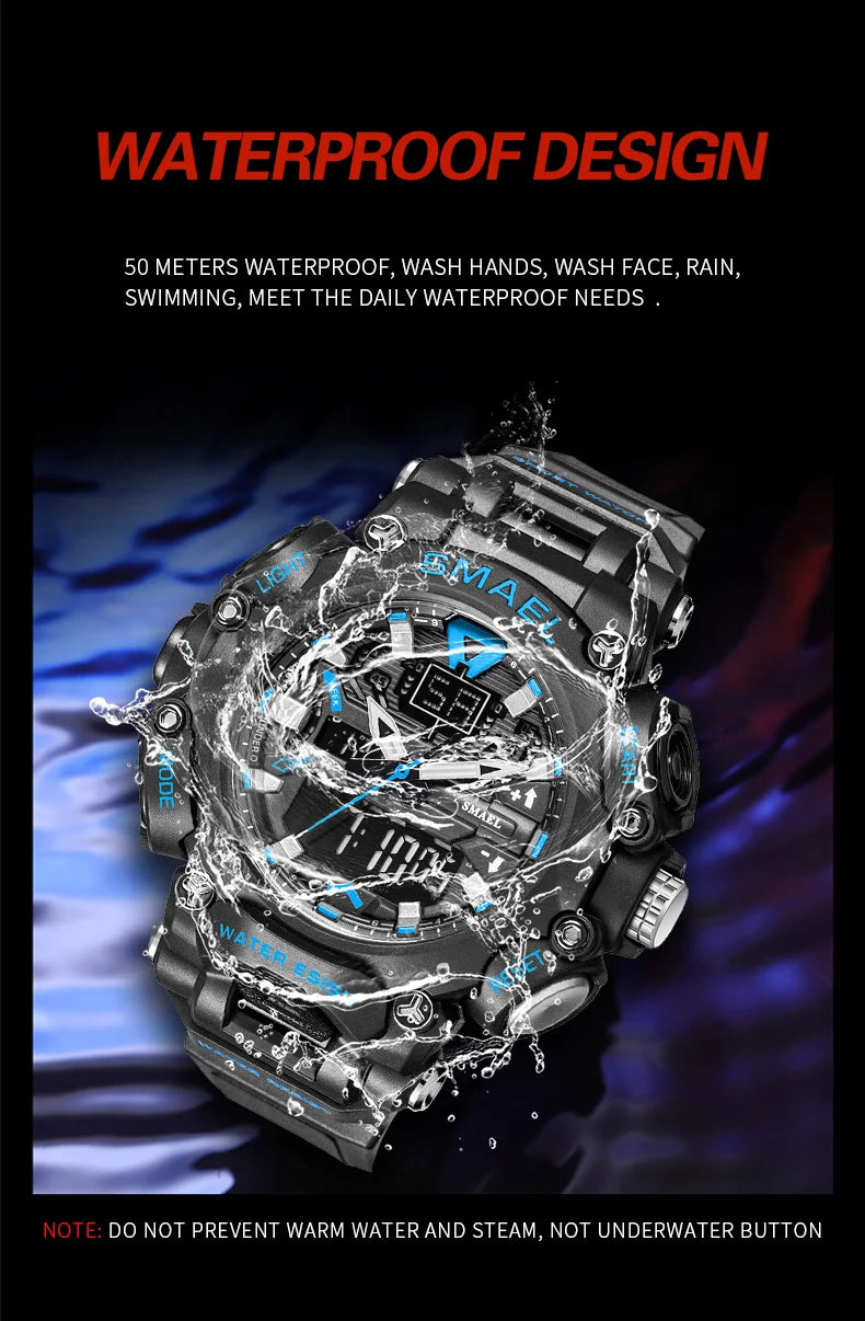 Military Watch Sport Waterproof 50M Stopwatch Analog Digital Wristwatches Week Display Alarm Clock 8053 Digital Watches Mens