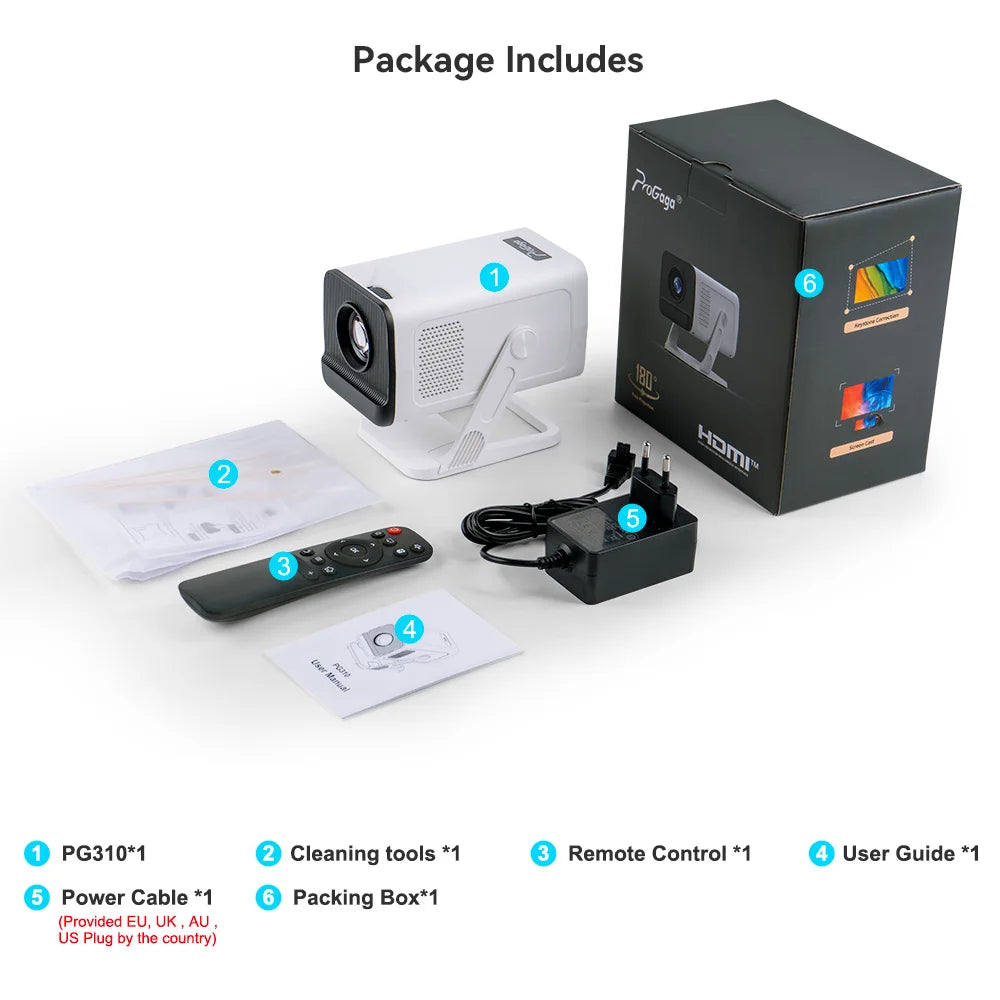 PROGAGA PG310 Mini Portable Projector 4K 1080P 720P Android 300Ansi BT5.4 Projetor PG310 Smart Home Theater Outdoor Video Beamer