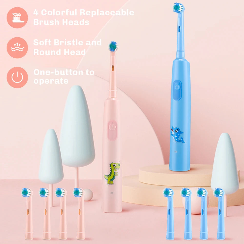 Smart Electric CleaningToothbrush For Children 4Pcs Brush Heads Round Rotating  3 Cleaning Modes Soft Bristles Teeth Brush