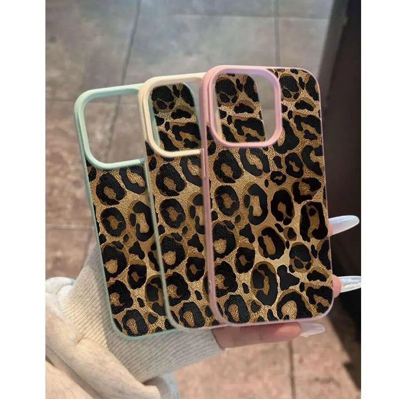 INS Brown Leopard Print Y2K Phone Case For iPhone 16 15 14 13 12 11 Pro Max Plus X XR XSMax Soft TPU Imitation Leather Cover