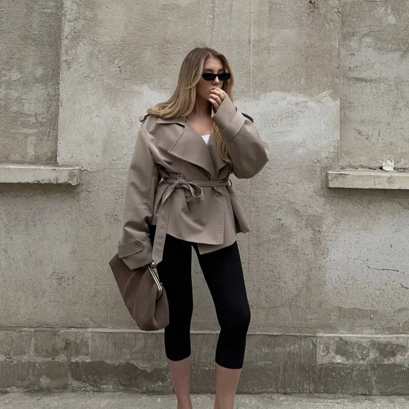 Solid Belted Waist Short Trench Coat Women Chic Wide Lapel Epaulet Detail Loose Long Sleeve Coats Fall Daily Commuter Outerwear