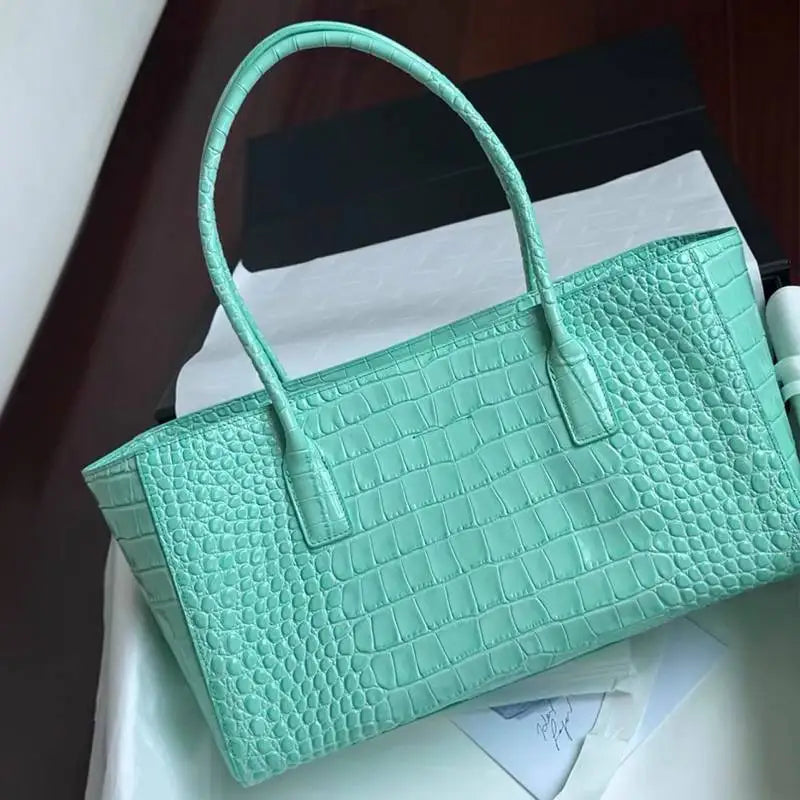 Luxury Crocodile Print Vintage Green Handbag, Large Capacity Magnetic Buckle Clutch, Casual Elegant Commuter Purse For Women Bag