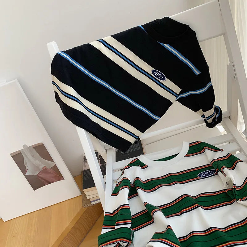 2025 autumn Children Clothes Girls Long Sleeves Bottoming Shirts Cool Boys Stripe Cotton T-shirt Teen Loose Casual 2-7y Kids Top