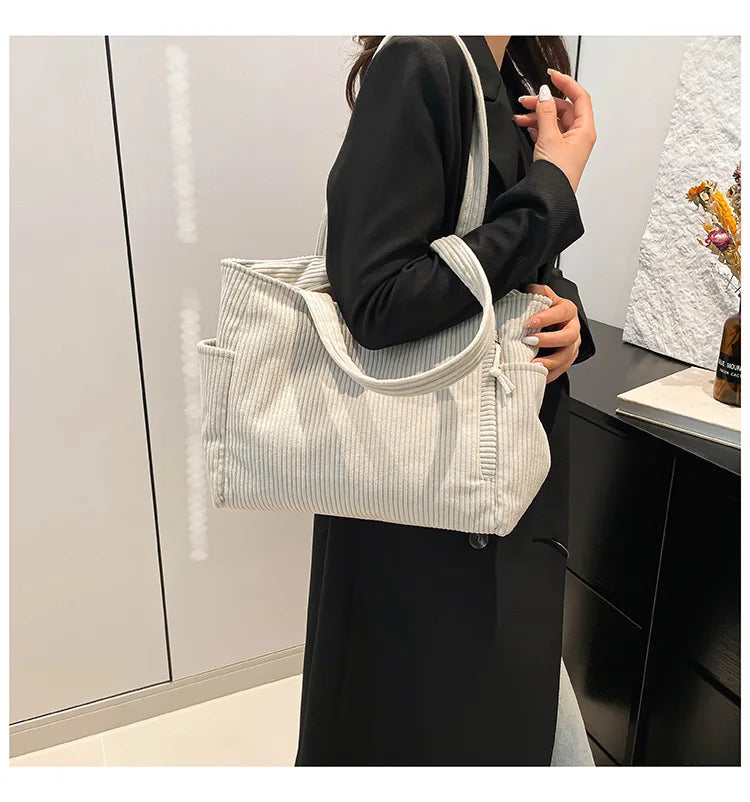 Corduroy Women Bag Fashionable Large Capacity Handbag Shoulder Bag Versatile Artistic Retro Student Class Bag with Zipper Pocket