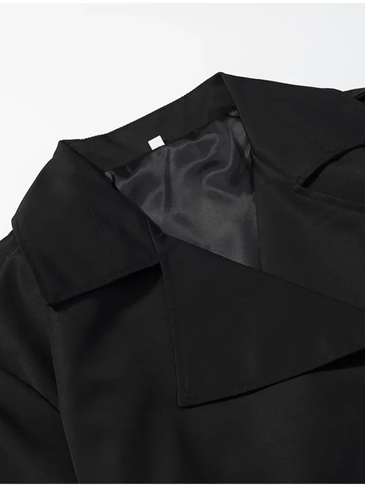 Solid Belted Waist Short Trench Coat Women Chic Wide Lapel Epaulet Detail Loose Long Sleeve Coats Fall Daily Commuter Outerwear