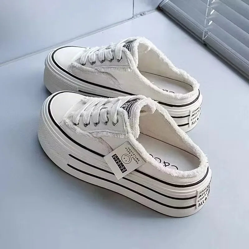 Women's Baotou Slippers Autumn New Round Head Lace-up Canvas Shoes No Heel Lazy Thick Sole Half Drag