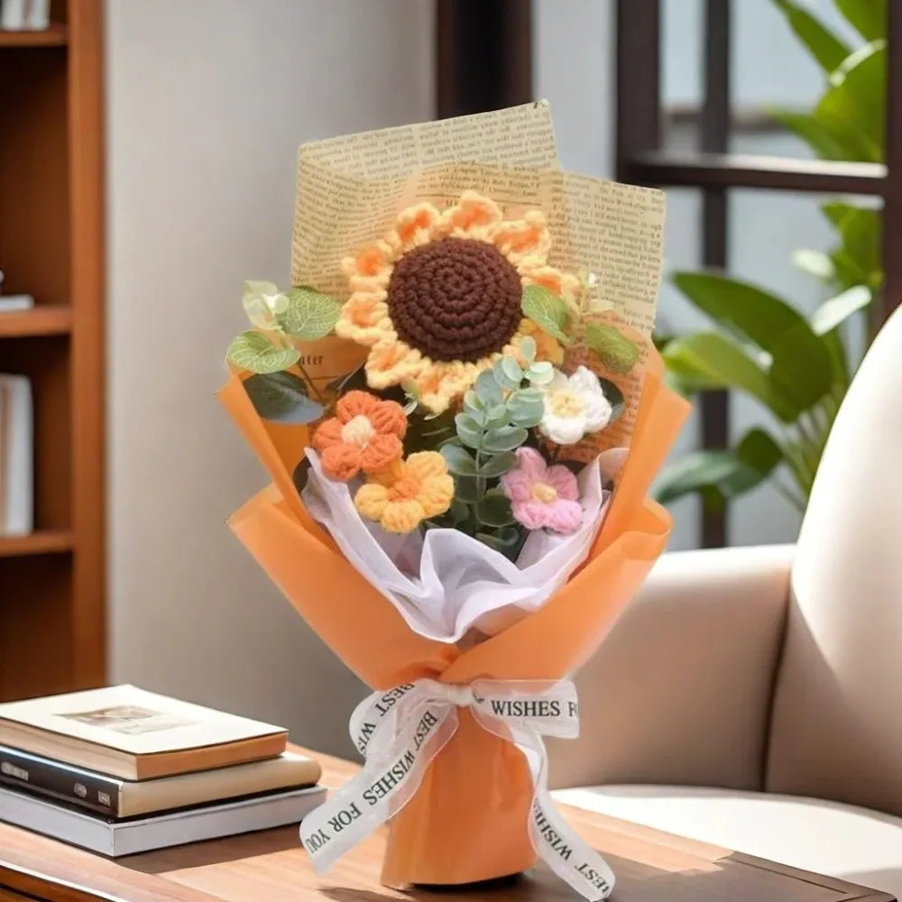 Artificial Flower Crochet Bouquet Handmade Anniversary Sunflower Daisy Bouquet Mothers Day Birthday Gift Eternal Flower