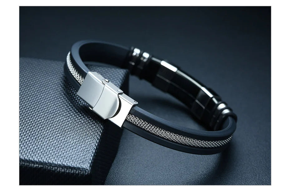 Vnox Stainless Steel Bracelet Men Wrist Band Black Grooved Rudder Silicone Mesh Link Insert Punk Wristband Stylish Casual Bangle